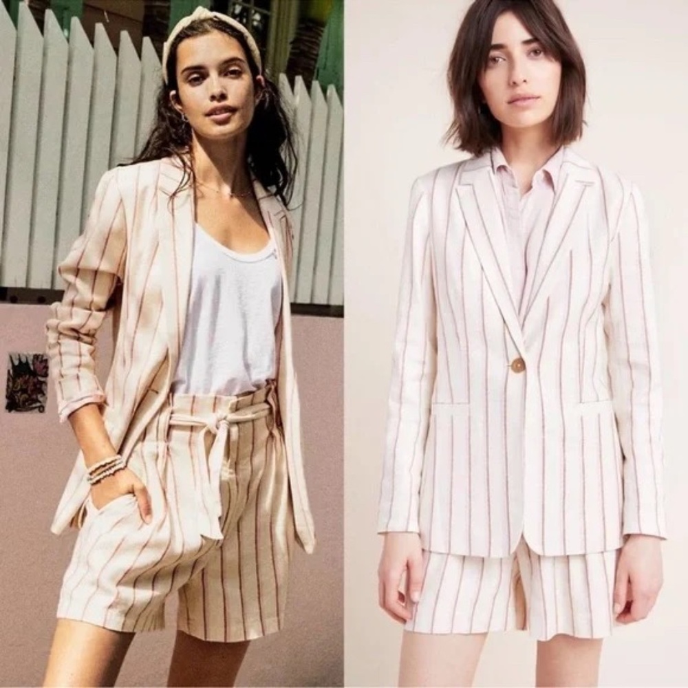 NEW ANTHROPOLOGIE Edisto Cream/Pink Pinstripe Linen Blazer Jacket NWT 0